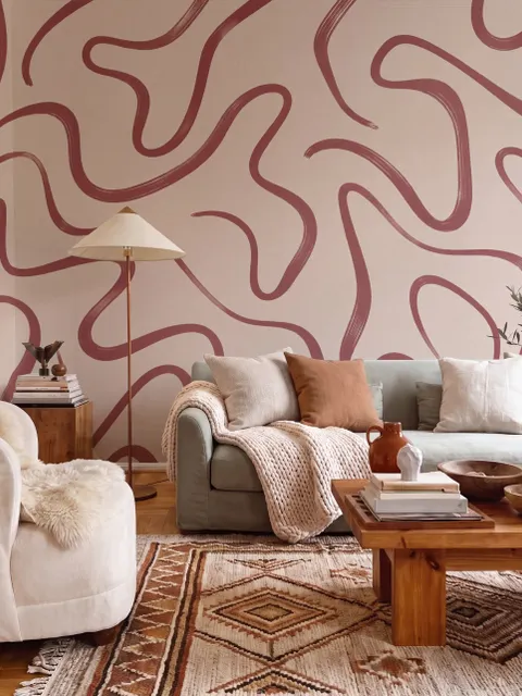 Burgundy-red looping contour lines on blush cream pink wallpaper mural