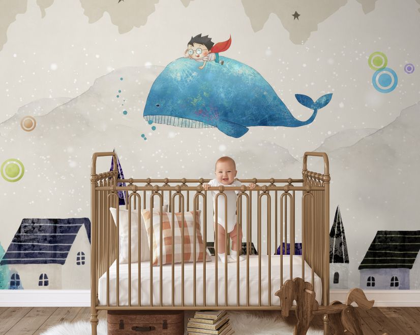 Cartoon Village and Little Child on the Flying Whale Wallpaper Mural
