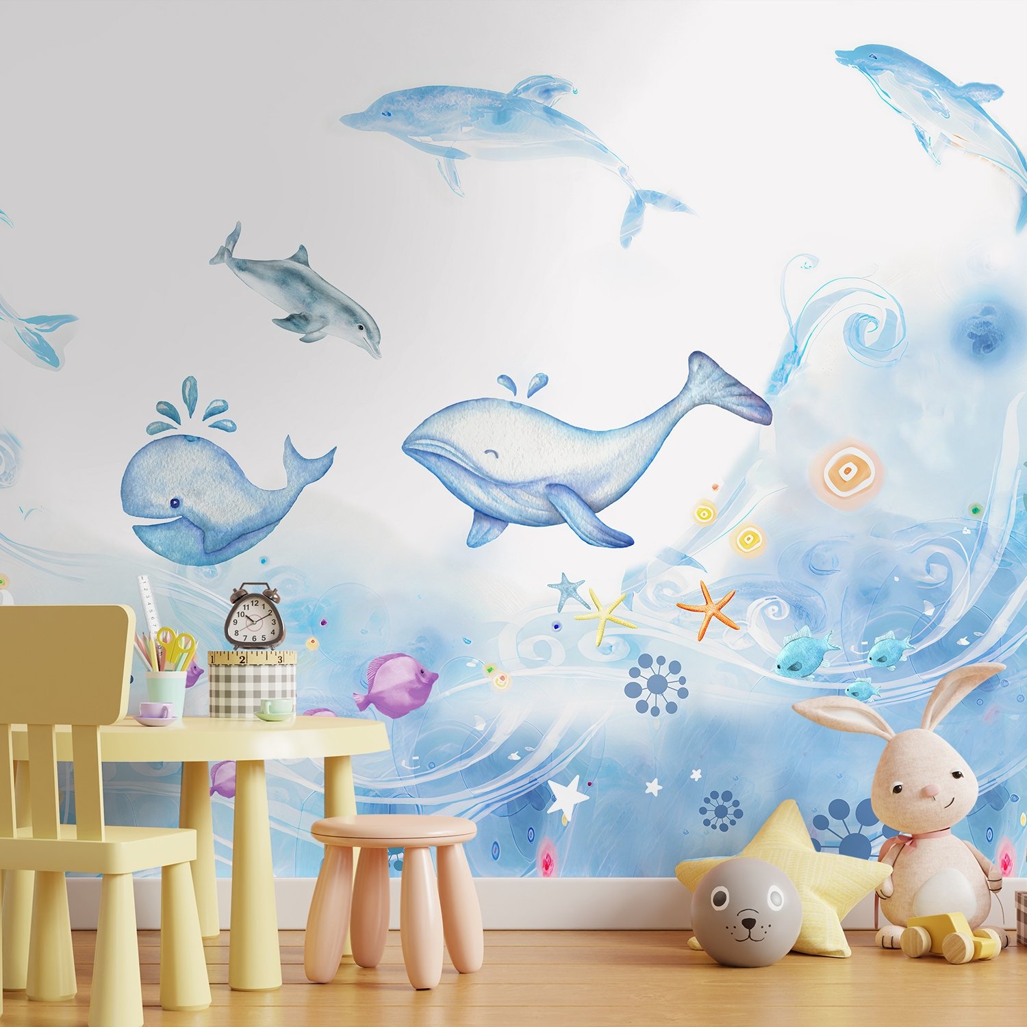 Cartoon Undersea and Whales Wallpaper Mural - Peel and Stick