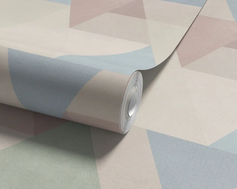 Pastel abstract wallpaper with overlapping sky blue, blush, cream, sage and grey textured triangles