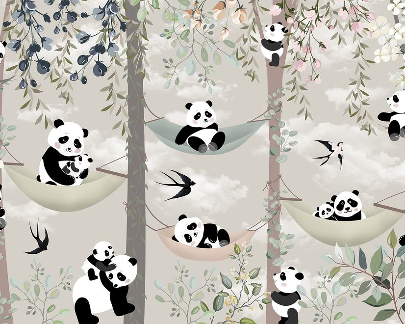 Papier peint panoramique de la chambre d'enfant Panda Bear on Hammock Trees