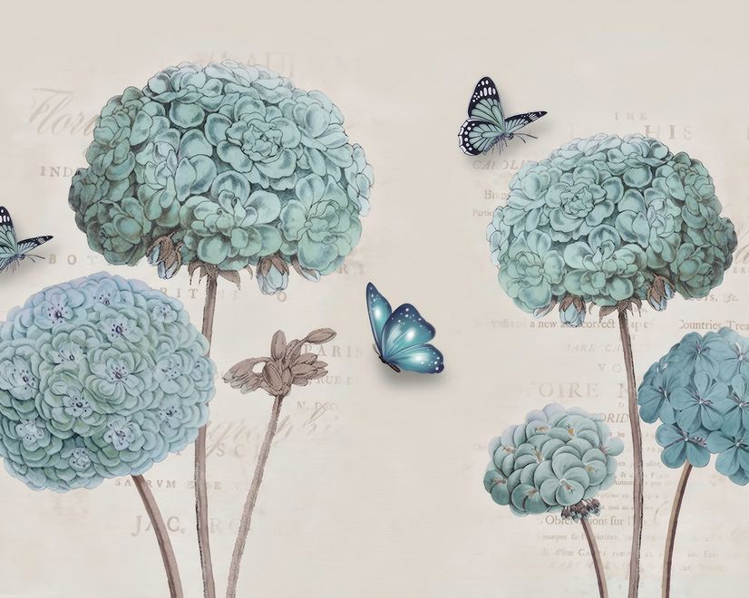 Papier peint panoramique Hortensia, fleurs et papillons bleu clair