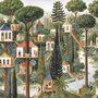 Architectural design wallpaper mural of forest treehouses, rivers, boats and small figures in green watercolour