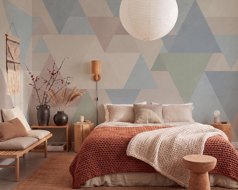 Pastel abstract wallpaper with overlapping sky blue, blush, cream, sage and grey textured triangles