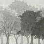 Light gray wallpaper mural with layered ink-wash woodland trees, falling leaves and birds