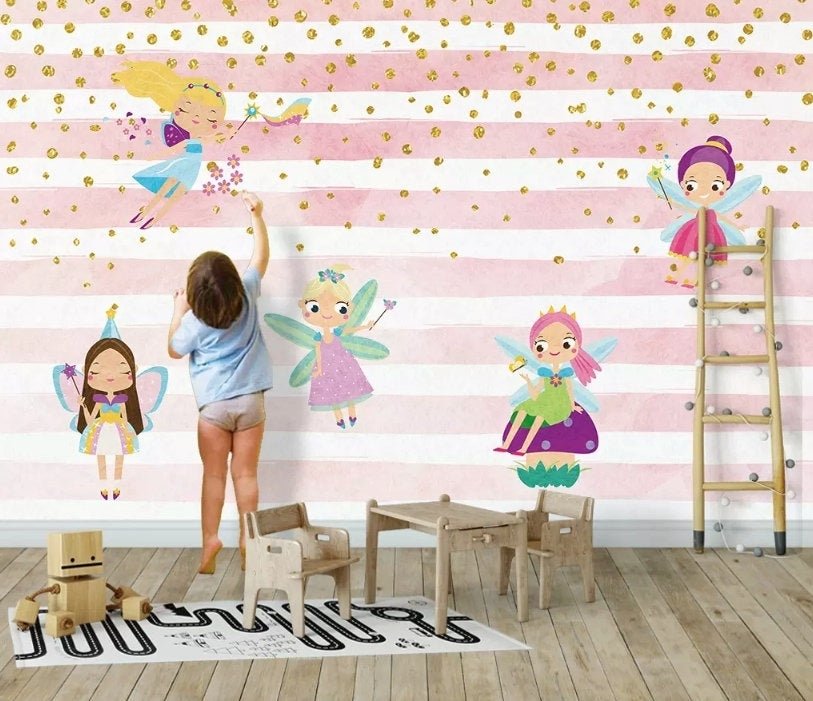 Kids Cartoon Fairy with Stripe Pattern Wallpaper Mural - Peel and Stick