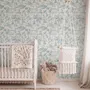 Cute cats wallpaper with dusty blue toile kittens, roses and garden scenes on warm cream