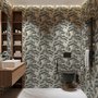 Vintage Japanese tree nature wallpaper with blue-grey canopies, willow foliage, birds and ivory-cream ground