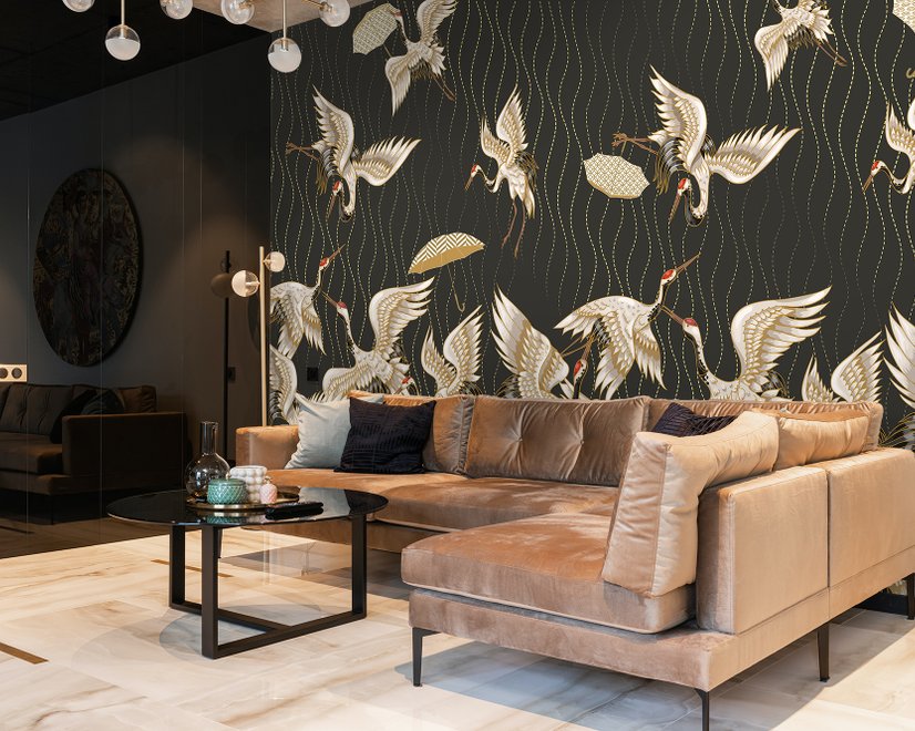 Gold Style Vintage Asian Crane Birds Wallpaper Mural