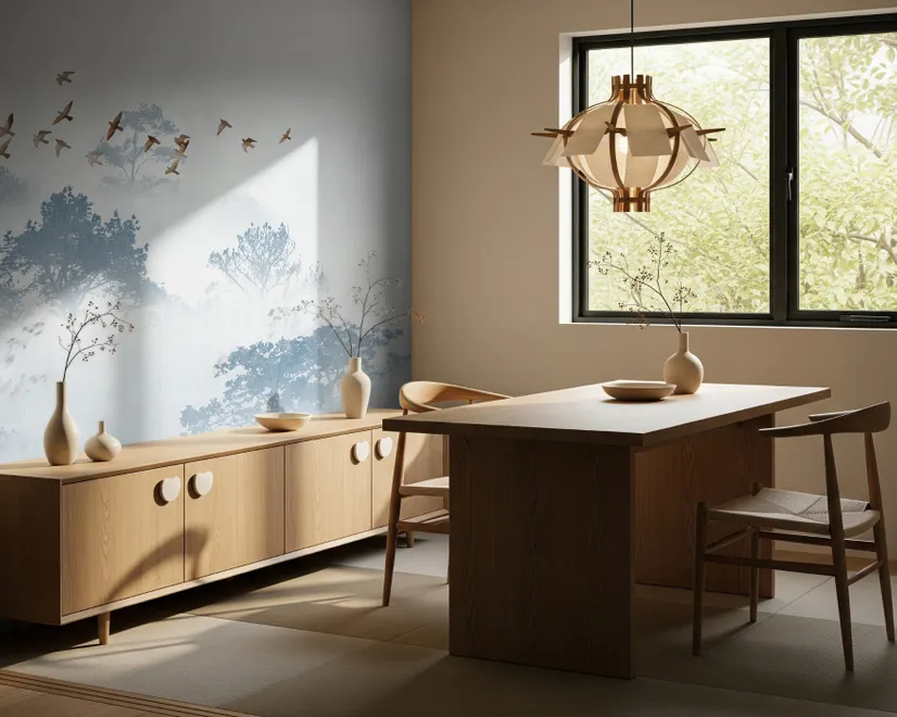 Nebeliger Wald mit Vögeln Fototapete
