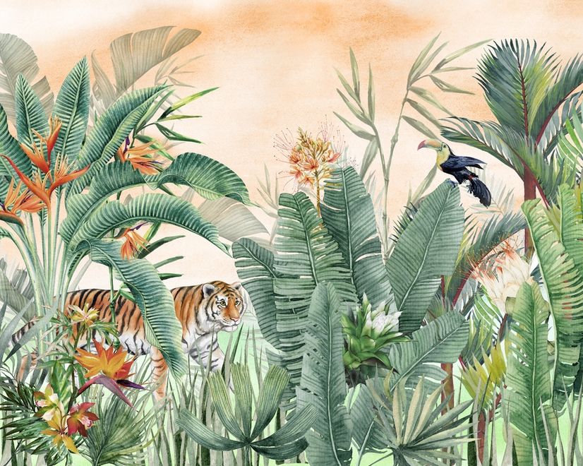 Tiger and Tropical Leaves Wallpaper Mural
