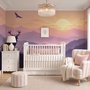 Stag mountain wallpaper with a navy deer silhouette, lavender pine ridges and a pale golden sun