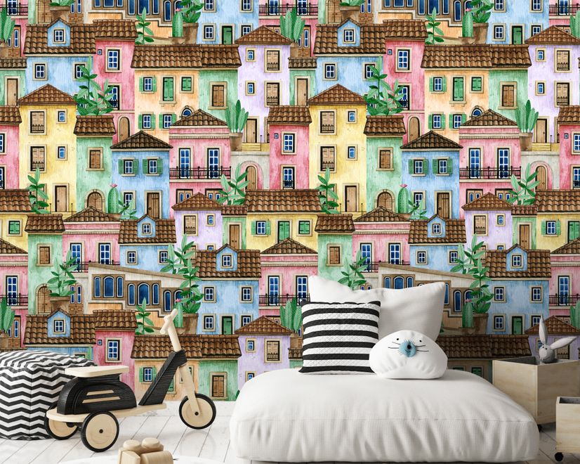 Kids Watercolor Medieval House with Plants Wallpaper Mural