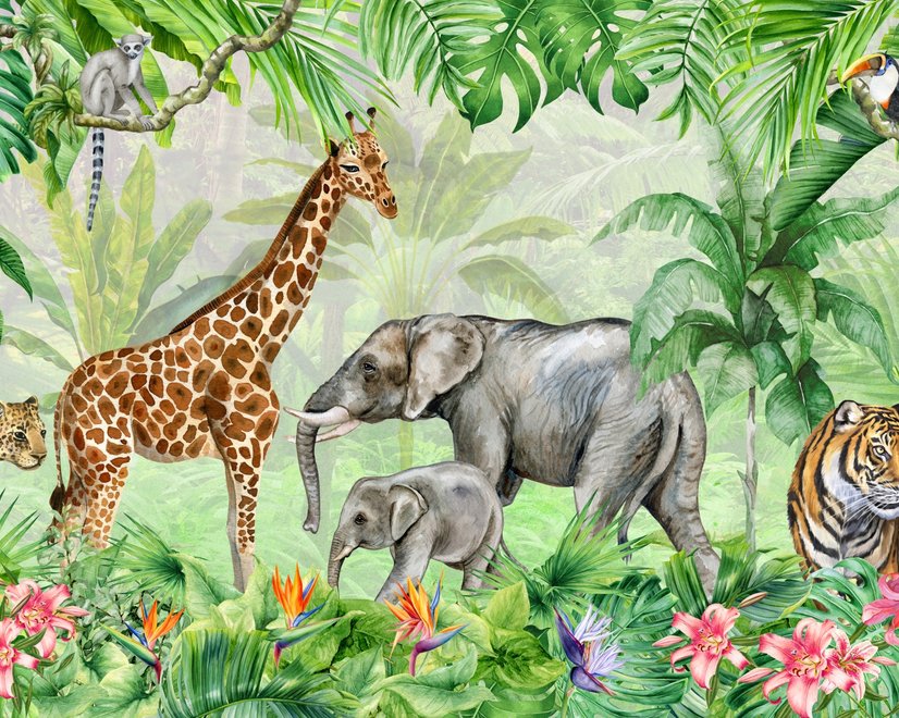 Kinder Safari Aquarell Tropischer Wald Dschungeltiere Fototapeten