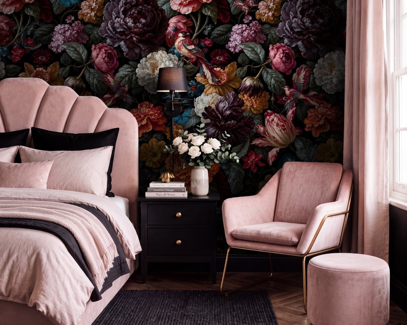 Vintage peony wallpaper mural with plum, blush and ivory flowers, dark foliage and small hummingbirds