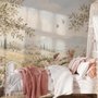 Watercolour woodland wall mural with fawn, rabbits, stone bridge, stream and distant cypress countryside