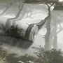 Forest in fog wallpaper with tall pine trees, grey mist, shrubs and a spiky palm in watercolour.