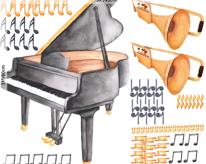 Watercolor Piano and Trumpet with Colorful Music Notes Wall Decal Sticker