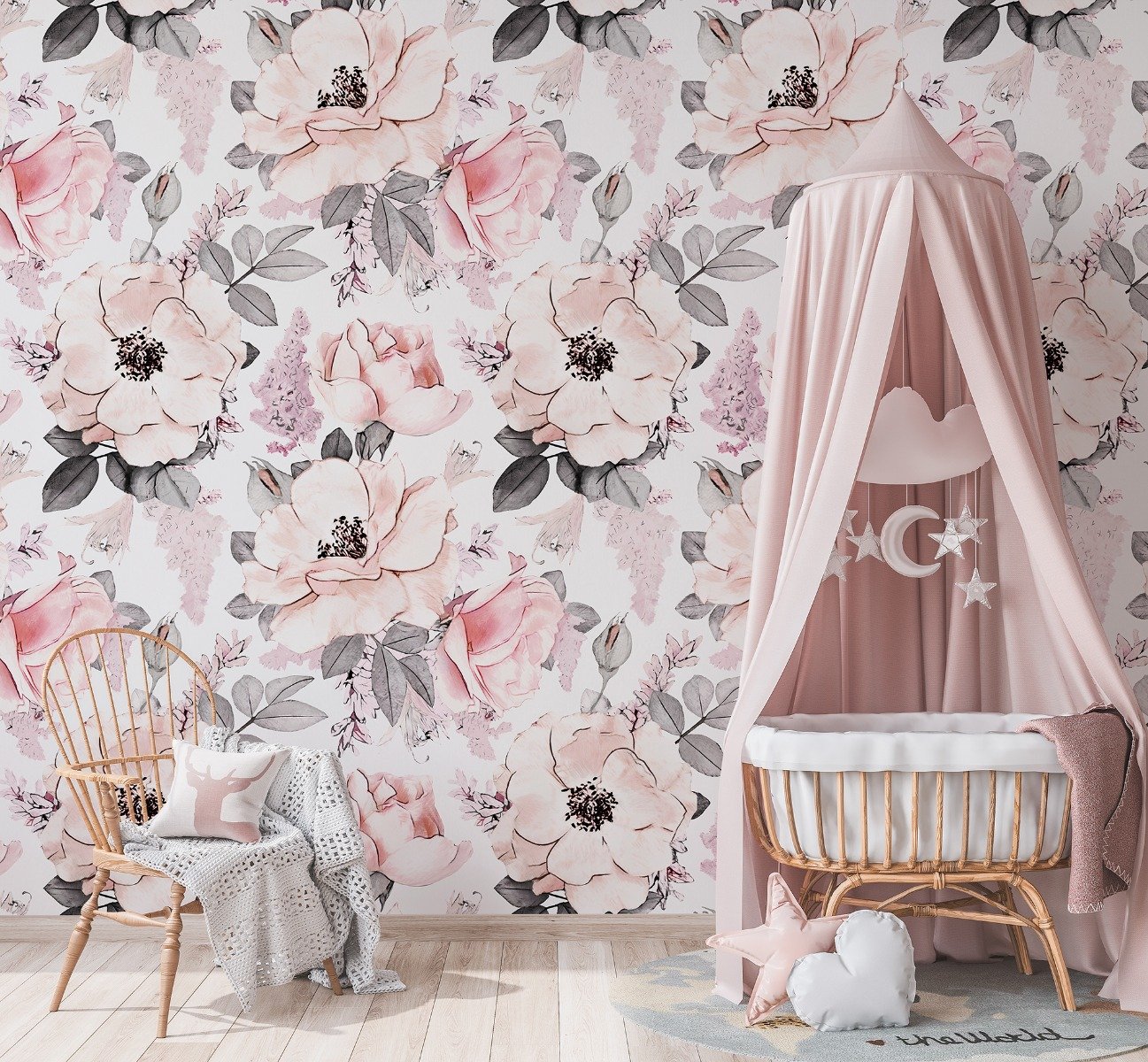 Kids Nursery Floral Pink Rose Pattern Wallpaper Mural - Peel and Stick