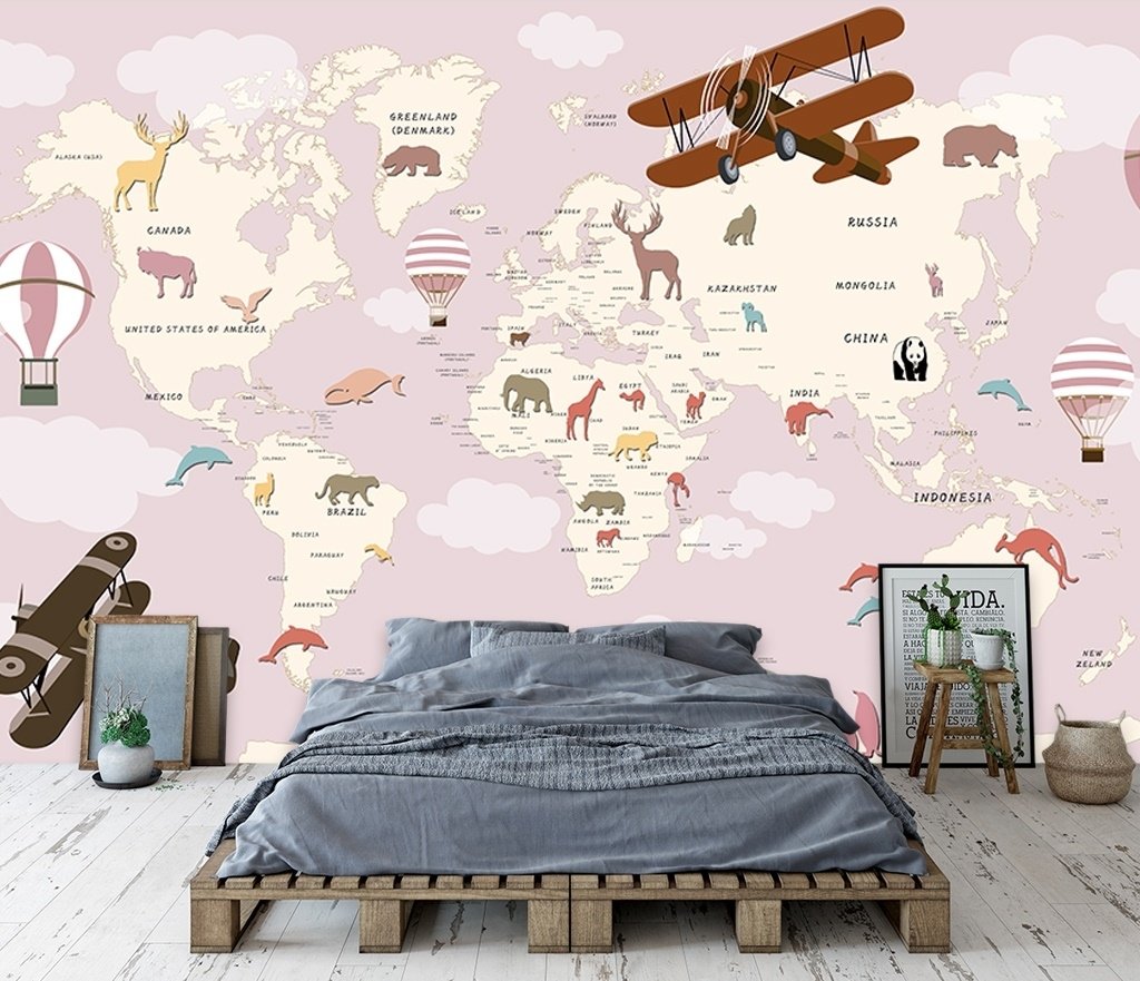 For Kids Pink World Map with Vintage Aircraft and Hot Air Balloon Wallpaper Mural - Peel and Stick