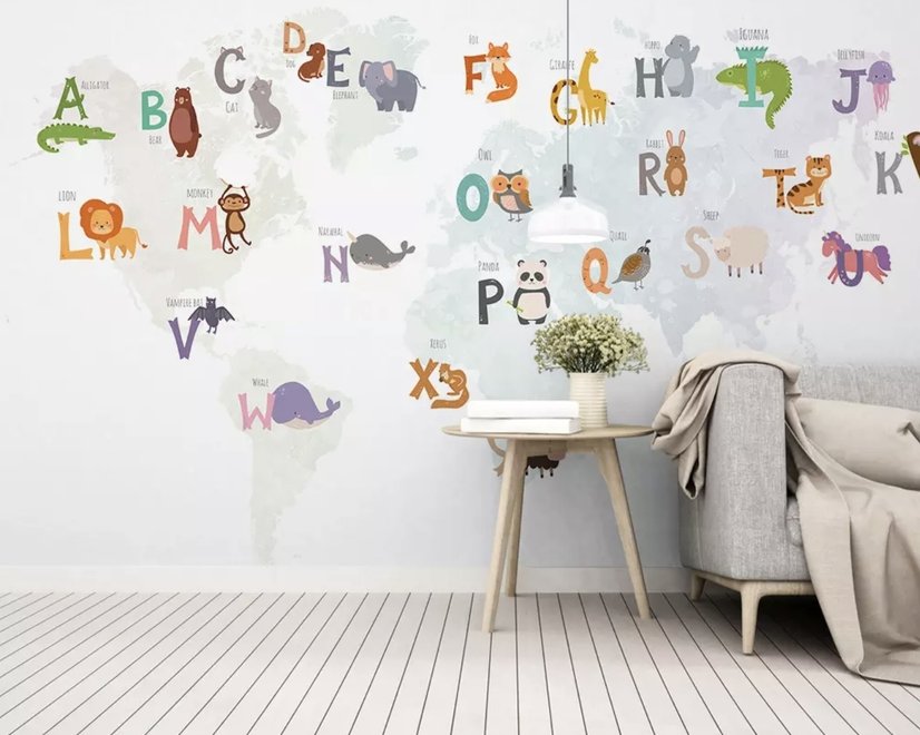 Papier peint alphabet carte du monde animaux cartoon