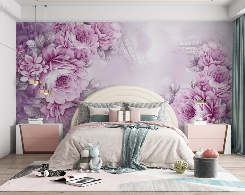 Papier peint panoramique pivoines roses dessinées