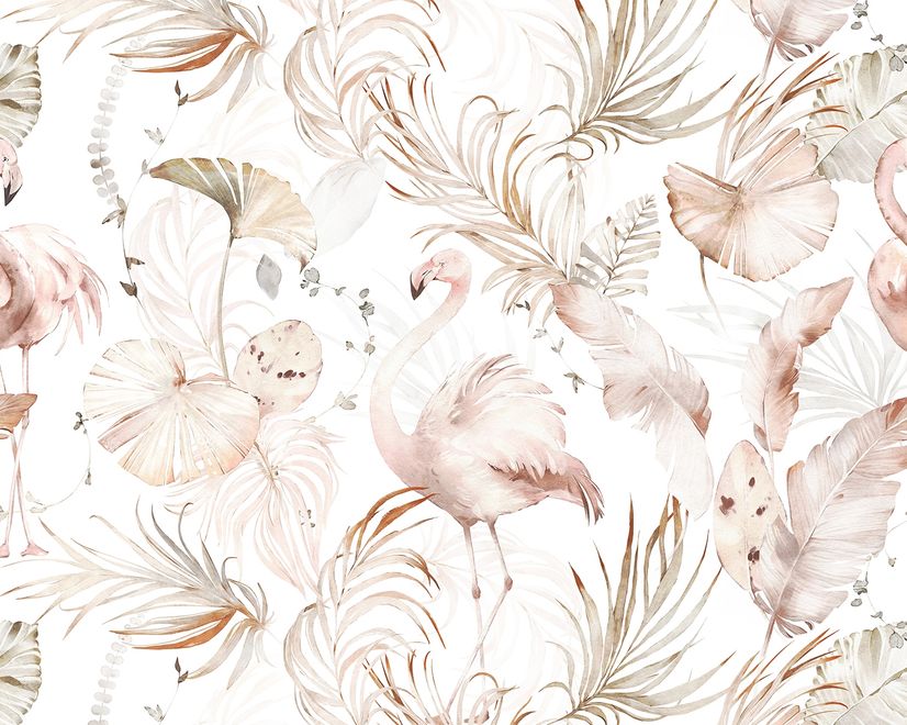 Soft Flamingo Art with Boho Tropical Leaf Wallpaper Mural