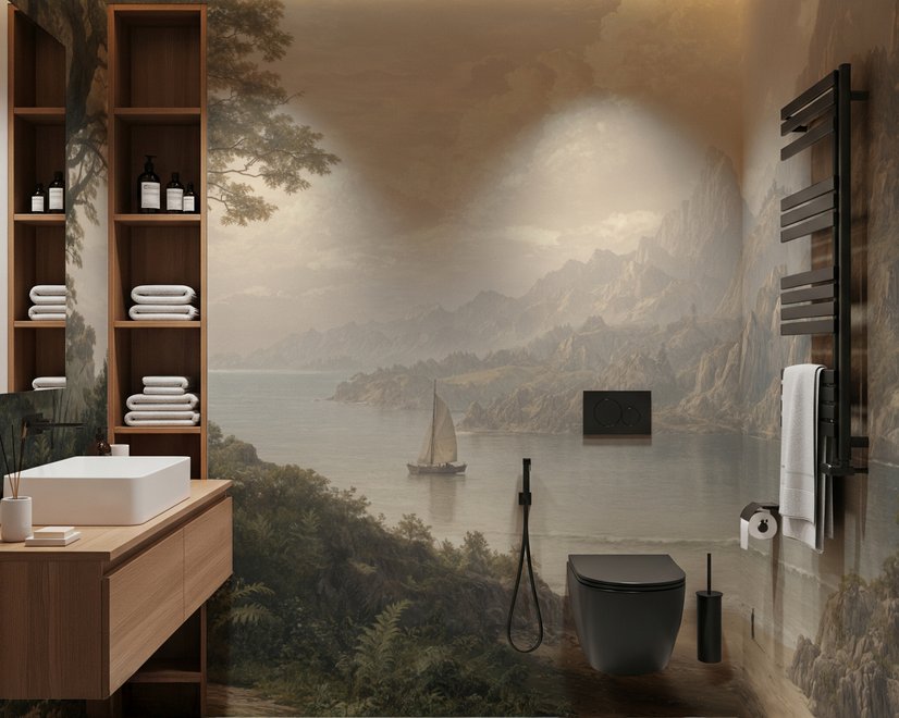 Landscape wallpaper mural with sepia coastal mountains, sailboat, beach figure and foreground tree