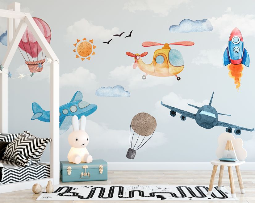 Cartoon Aircraft and Pink Hot Air Balloon Wallpaper Mural