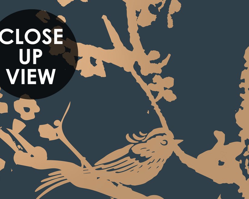 Gold Faux Tree Blossom Branch Silhouette with Birds Wallpaper Mural