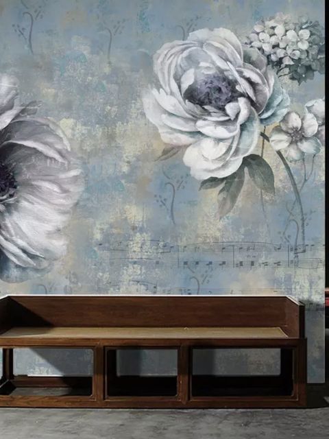 Papier peint panoramique floral avec des notes de musique