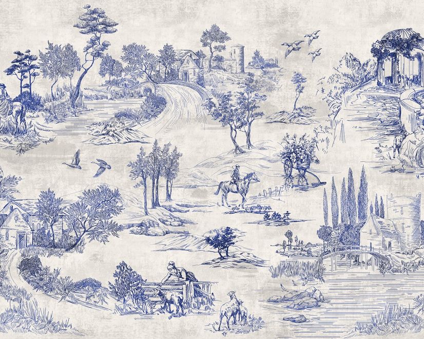 Vintage Monochrome Jouy Style Landscape Wallpaper Mural
