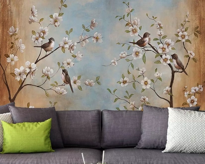Papier peint panoramique nostalgique aquarelle fleurs de cerisier