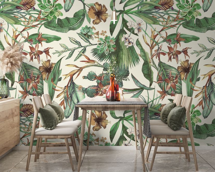 Watercolor Green Tropical Leaves Wallpaper Mural