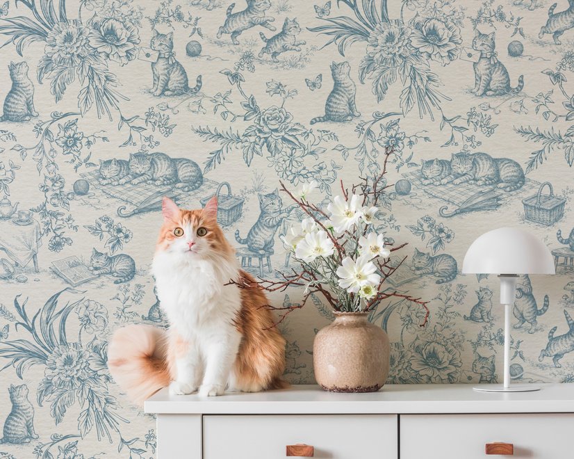 Cute cats wallpaper with dusty blue toile kittens, roses and garden scenes on warm cream