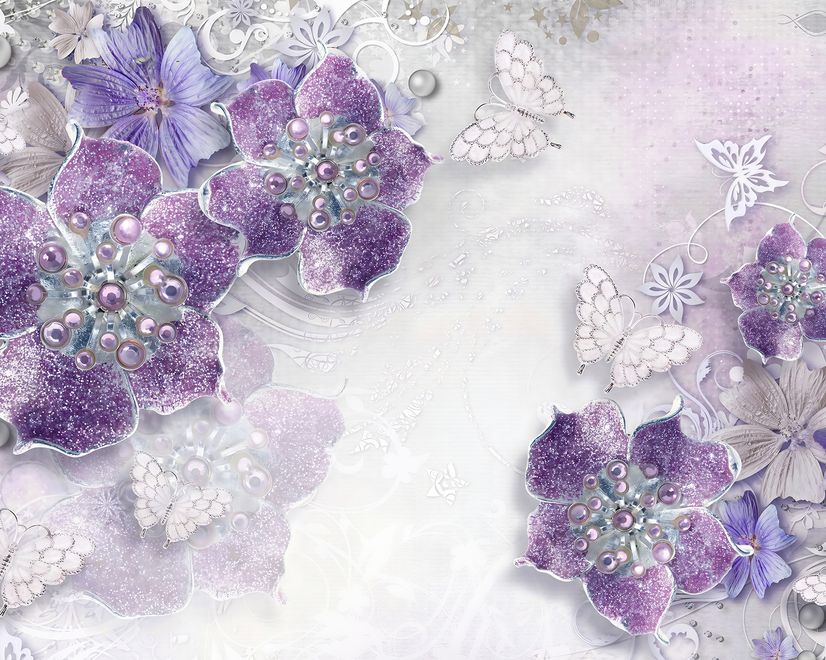 Purple Ornament Floral with Little Butterfly Wallpaper Mural