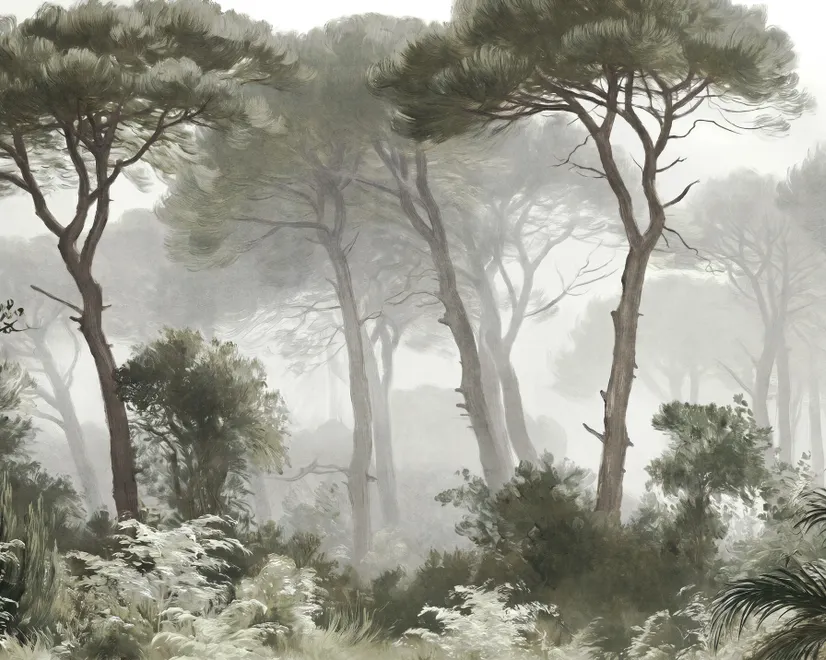 Forest in fog wallpaper with tall pine trees, grey mist, shrubs and a spiky palm in watercolour.