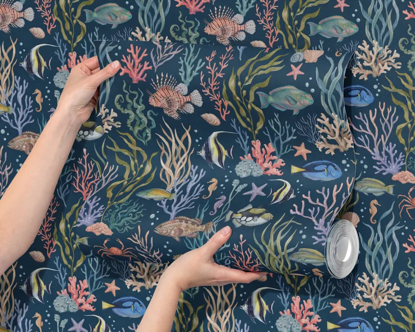 Aquarium fish tank wallpaper repeat with tropical fish, coral, seaweed, shells and bubbles on deep navy blue
