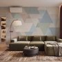 Pastel abstract wallpaper with overlapping sky blue, blush, cream, sage and grey textured triangles