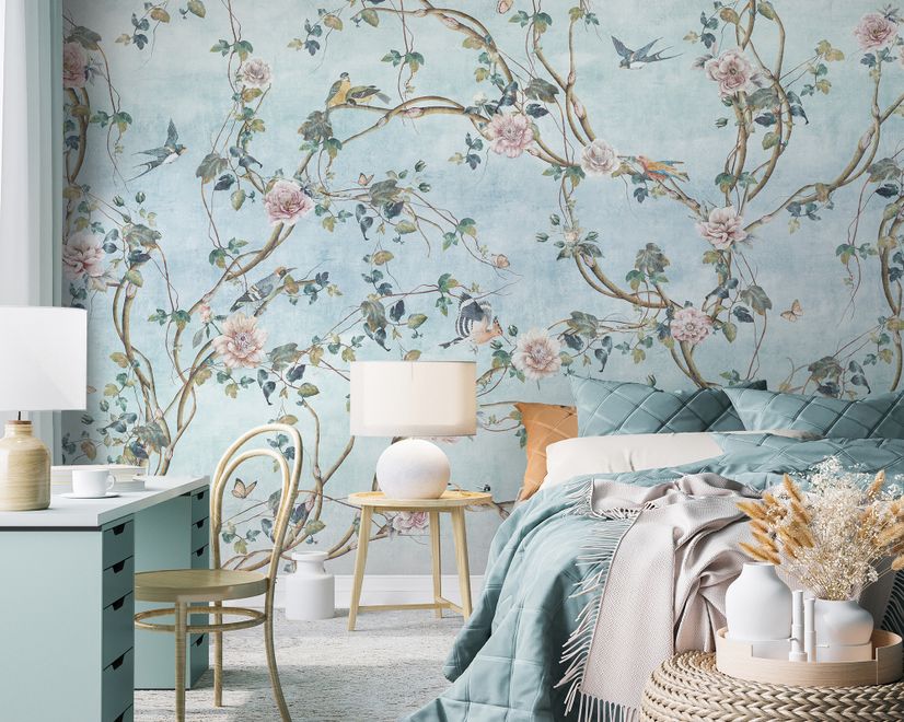 Aquarell-Chinoiserie-Blumen-Pfingstrosen-Fototapete