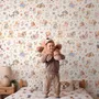 Papier Peint Panoramique Enfants avec Chiots et Fleurs Aquarelle