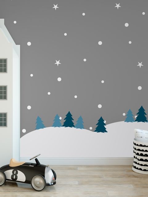 Kinder Weißes Winterlandschaft mit Grüne Kiefer Wandtattoo