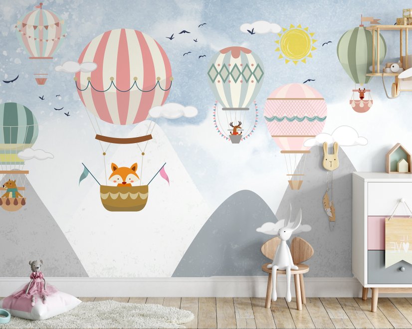 Kids Cartoon Mountain Landscape and Hot Air Balloon Wallpaper Mural