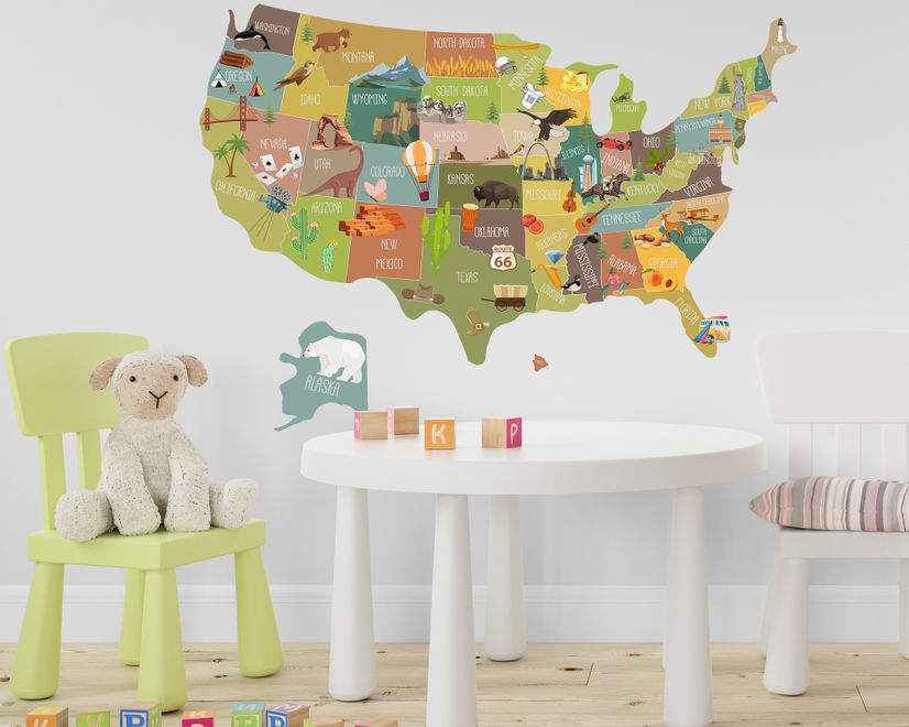 United States Map Wall Decal Sticker for Kids Room