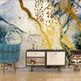 Papier peint panoramique de l'océan bleu foncé avec des vagues de style doré