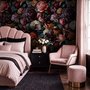 Vintage peony wallpaper mural with plum, blush and ivory flowers, dark foliage and small hummingbirds