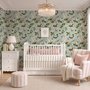 Chinoiserie wallpaper with peach birds, orchids and peonies on a pale duck egg blue ground