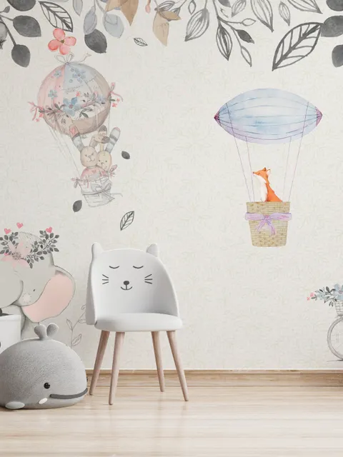 Papier peint bébé éléphant et montgolfières