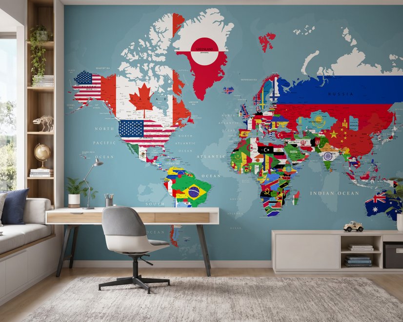 Country Flags on World Map Wallpaper Mural