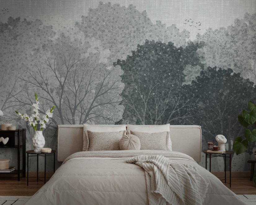 Light gray wallpaper mural with misty forest trees, falling leaves and birds